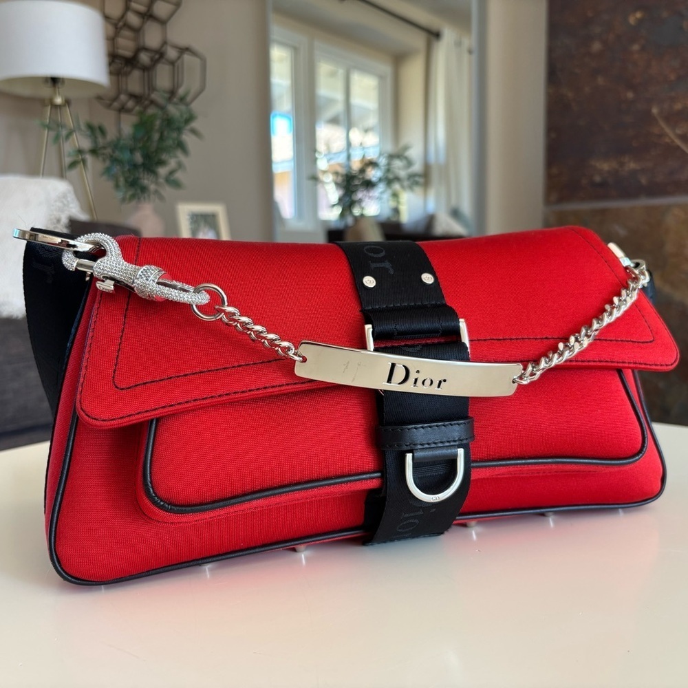 Vintage Rare CHRISTIAN DIOR Rouge Red Black Fabric Hardcore Shoulder Bag